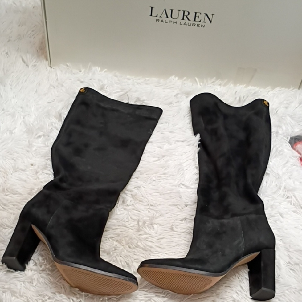 New Lauren Ralph Lauren Artisan Soft Sheep Leather Suede Black Heeled Boots SZ 8